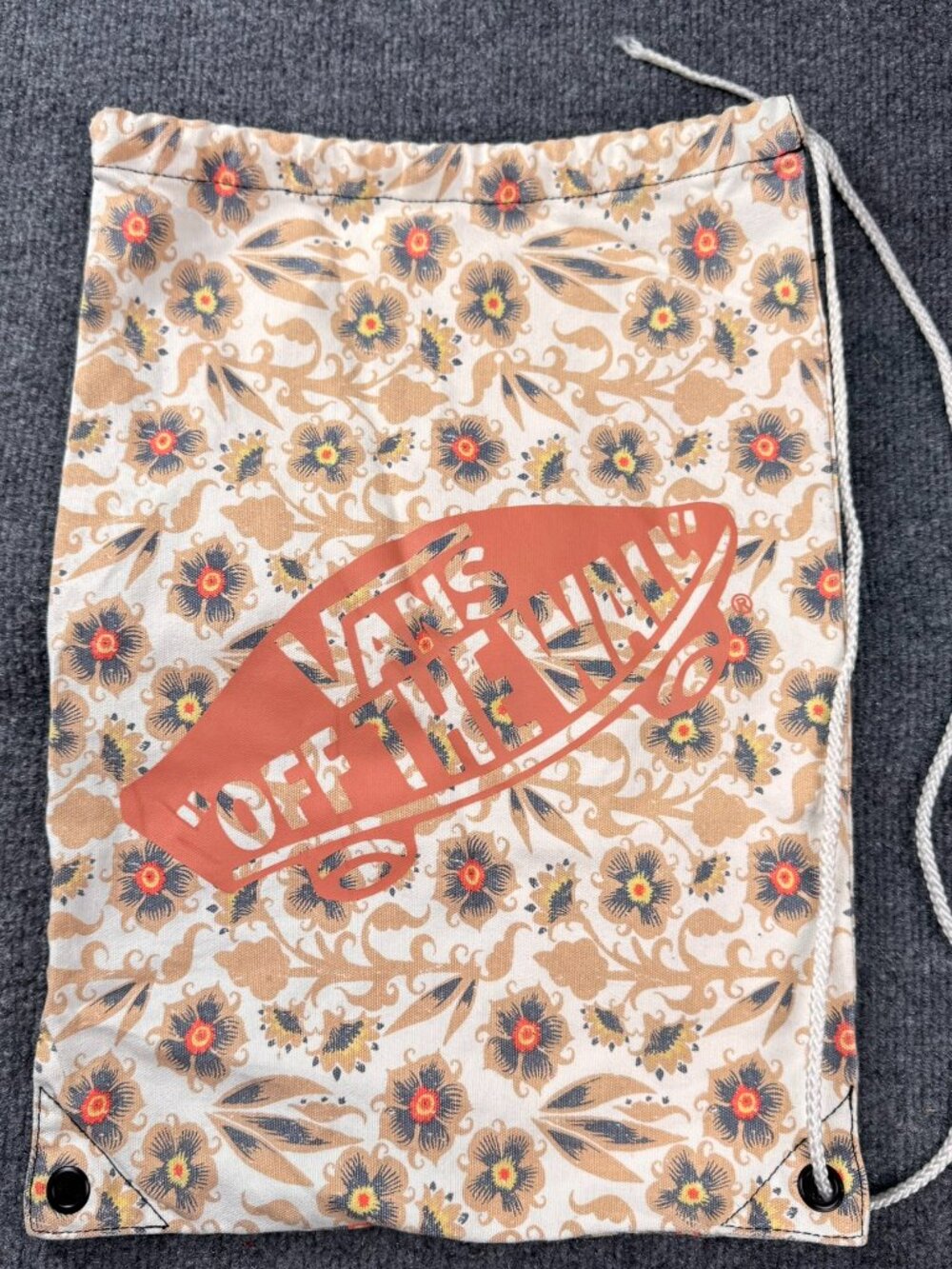 Vans Off The Wall Floral Drawstring Cinch Backpack Sack Bag Cream Broken Cord